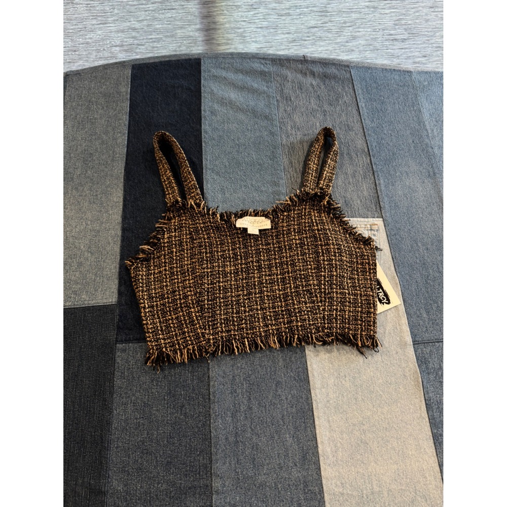 Mare Mare x‎ Anthropologie Tweed Crop Top Black Tan Fringe Trim Plaid Womens M